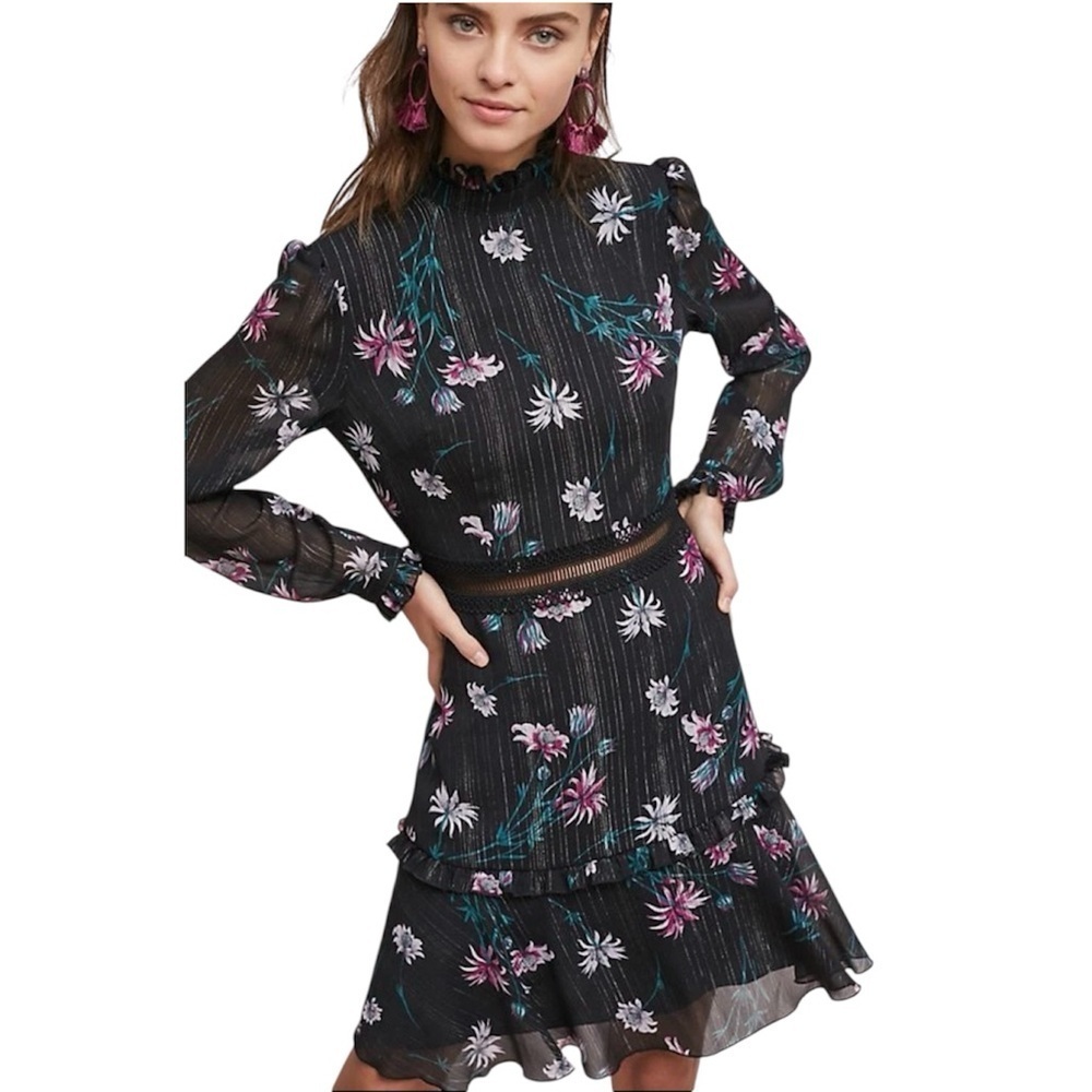 Donna Morgan Anthropologie Floral High-Neck Mini Metallic Thread Dress Size 6
